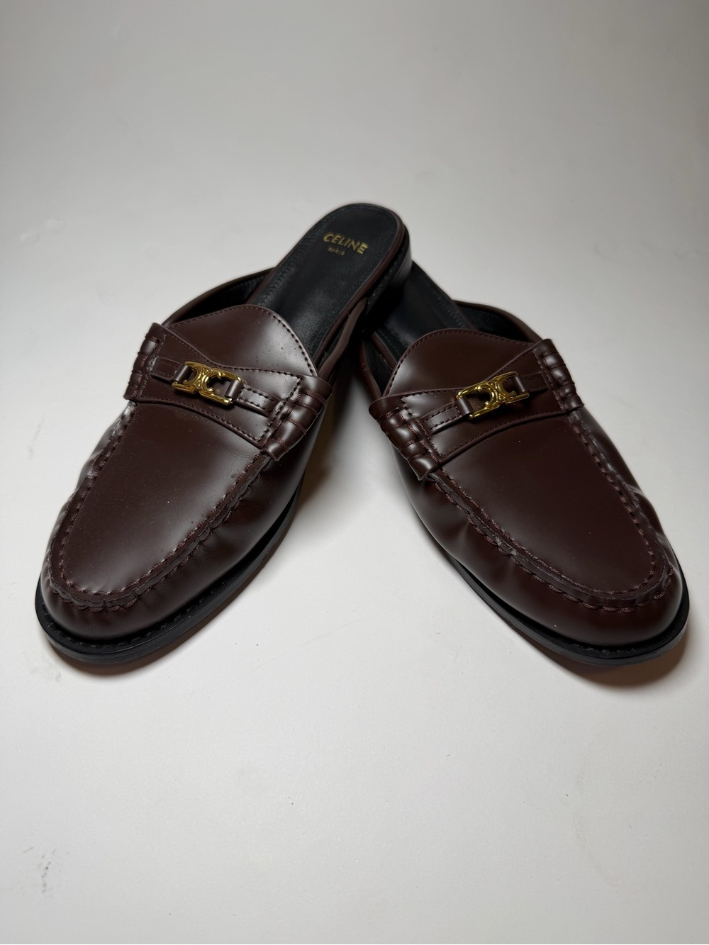 Celine Brown Leather Backless Loafers with Gold Hardware